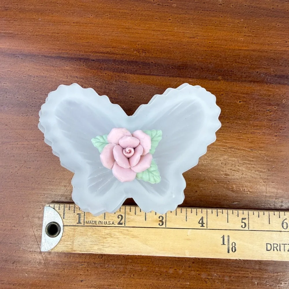Vintage Frosted Glass Butterfly Trinket Box with Pink Porcelain Rose Lid